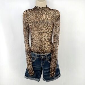 Vtg Y2K Animal Print Mesh Crop Top XS Mock Neck Mobwife Sheer Lettuce Leopard